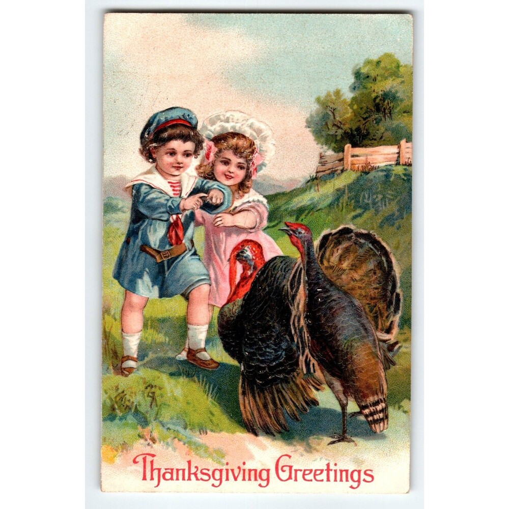 Thanksgiving Postcard Children Turkey Greetings Embossed PFB Germany Series 8857